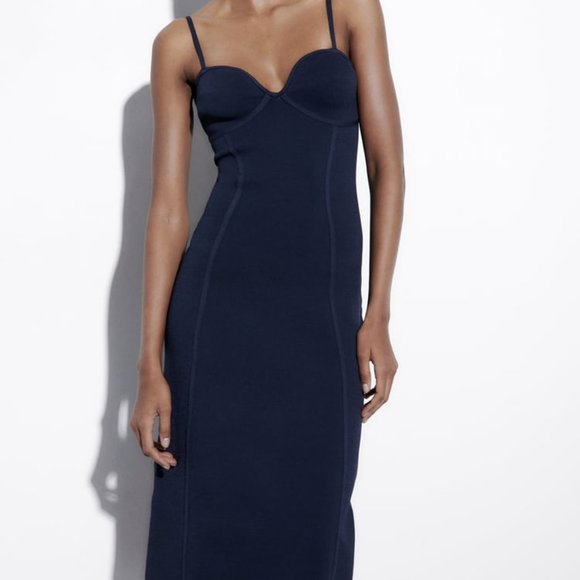 NWT ZARA FITTED KNIT DRESS  NAVY BLUE - REF 2142/062 M - Picture 2 of 8
